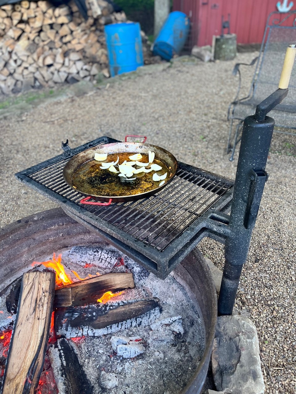 Campfire grill - large skillet - Top view. Onions.